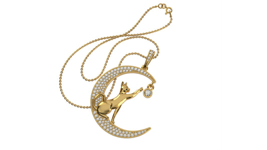 14k Gold Cat and Moon Pendant Necklace